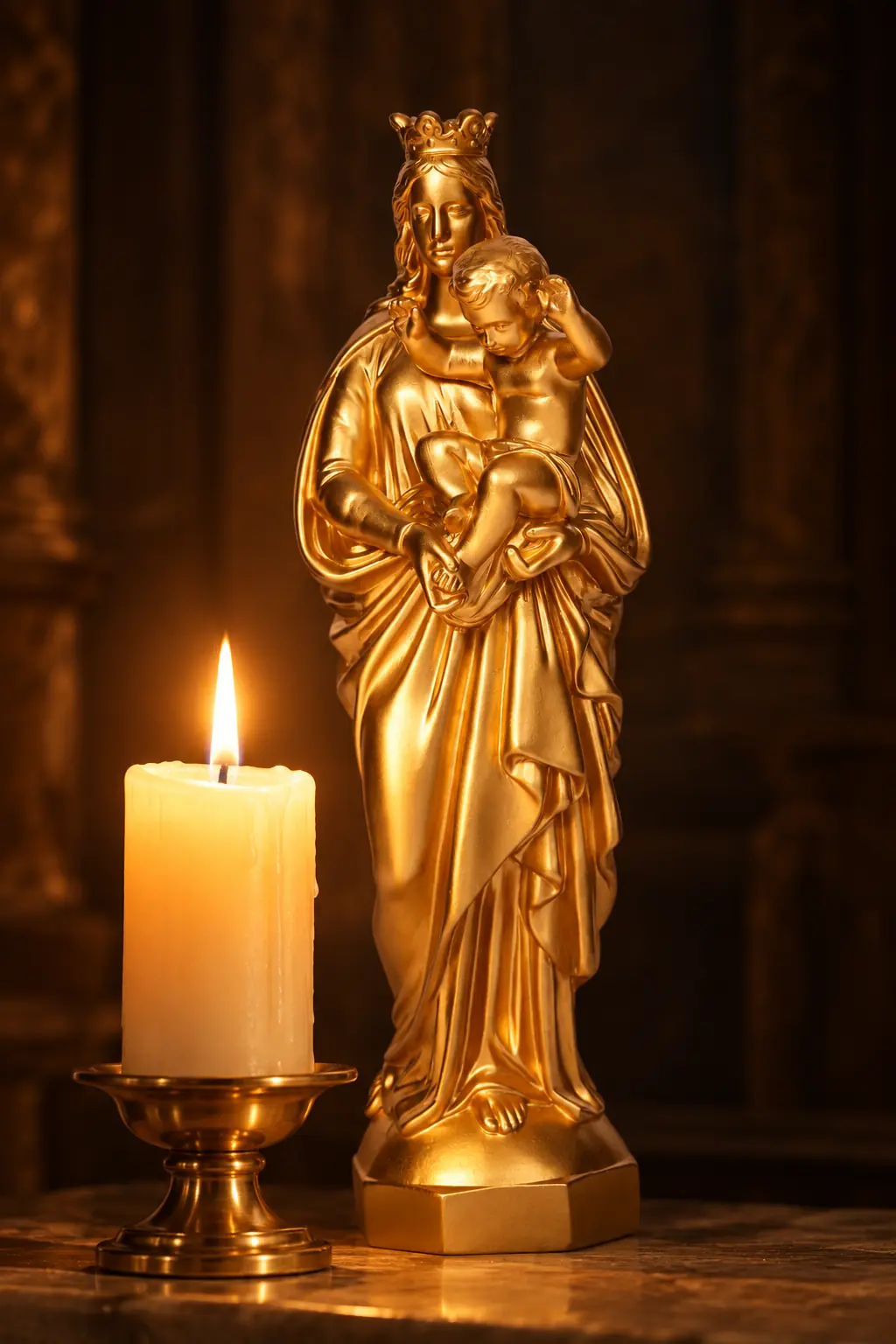 La statue dorée de la Vierge Marie portant l’Enfant Jésus, éclairée par une bougie en cire.